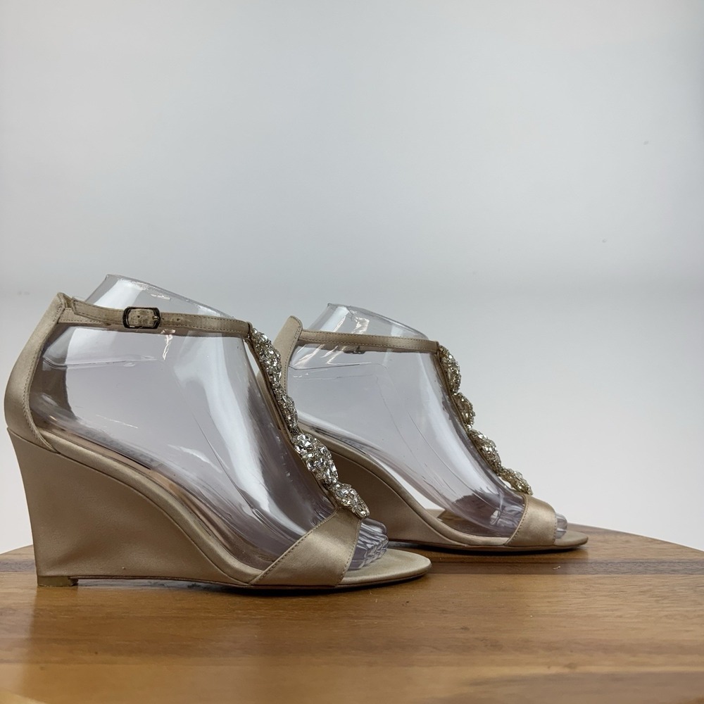 Womens Badgley Mischka Latte Satin Crystal Embellished Wedge Sandals Size 7 M